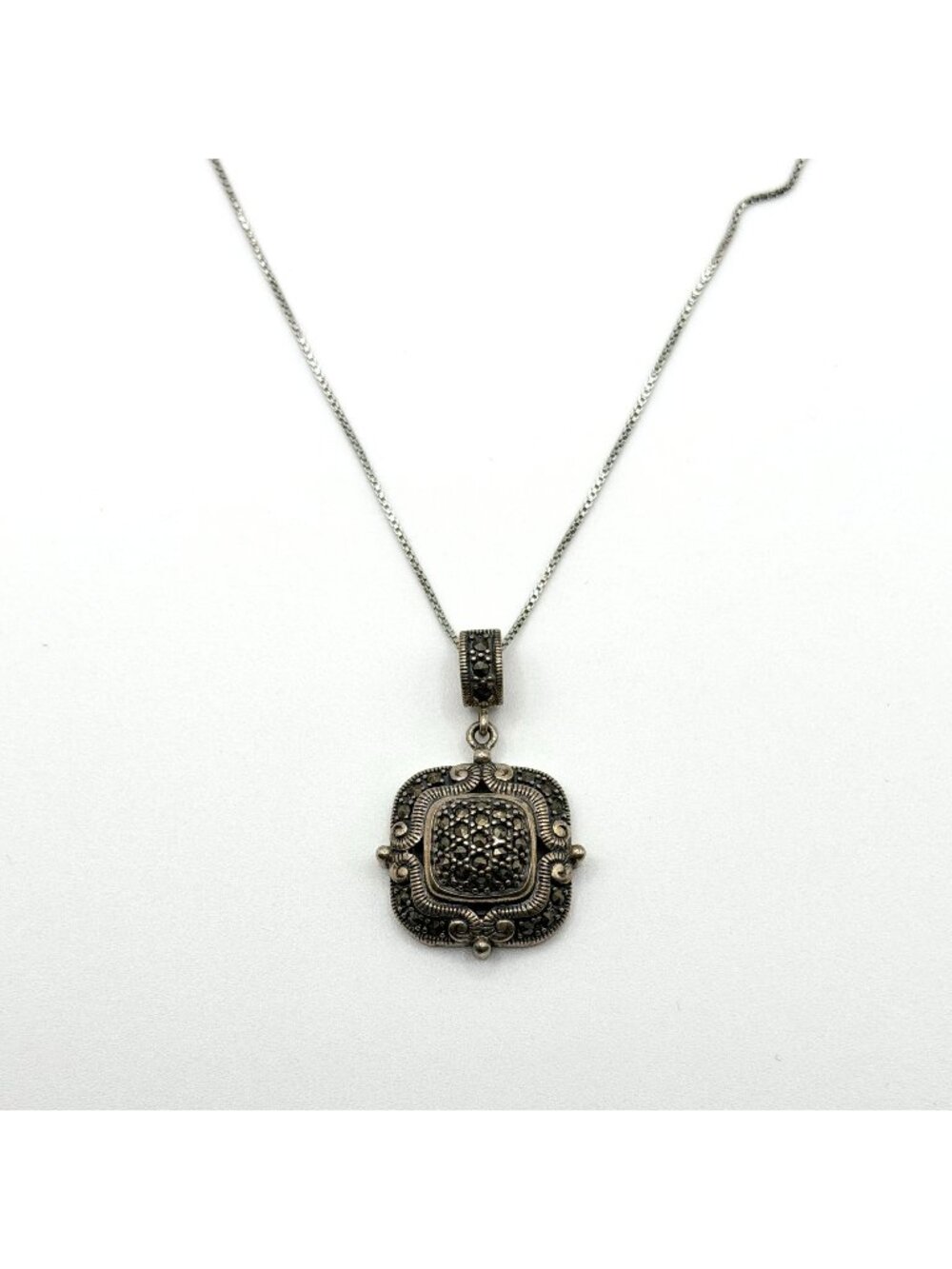 925 Sterling Silver Necklace With Square Marcasite Pendant
